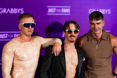 Oliver Link, a guest and MrDeepVoice at the Purple Carpet of Grabbys Europe 2026 in Torremolinos